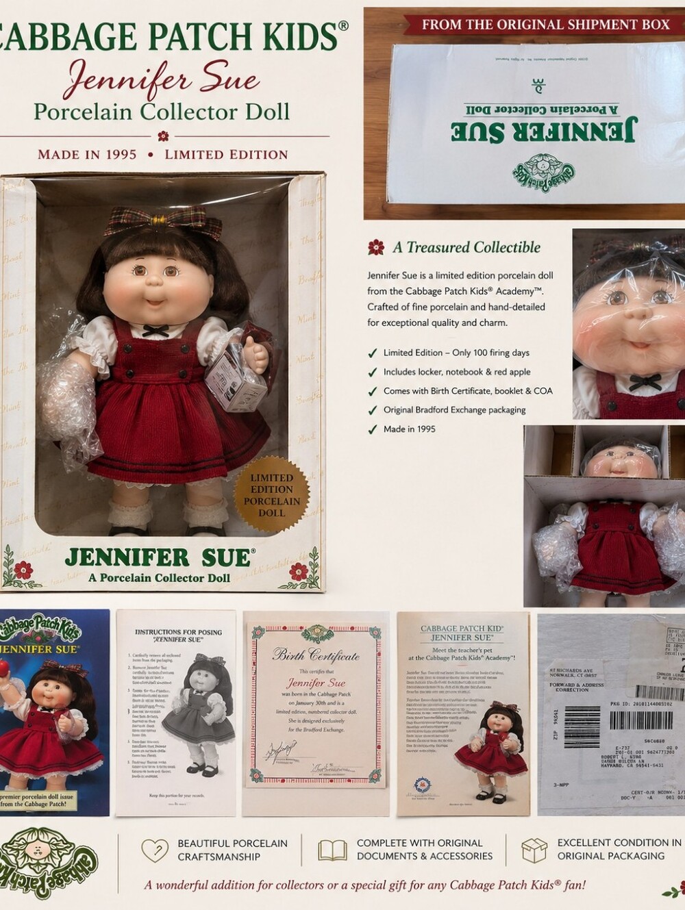1995 Cabbage Patch Kids Jennifer Sue Porcelain Doll Complete w/ COA Original Box